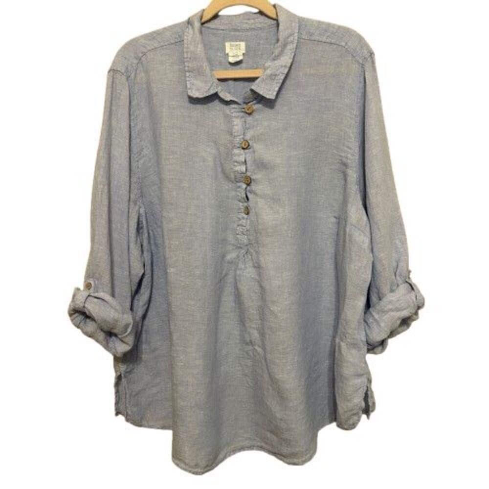 Sigrid Olsen 100% Linen Tunic Top Size 3X Blue Roll Tab Sleeve Popover Coastal